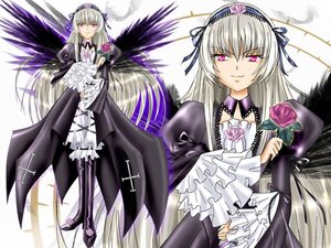 Rating: Safe Score: 0 Tags: 1girl black_wings dress flower frills hairband image long_hair long_sleeves looking_at_viewer pink_eyes silver_hair smile solo suigintou wings User: admin