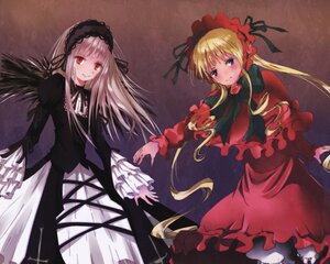 Rating: Safe Score: 0 Tags: 2girls blonde_hair blue_eyes blush bow capelet dress flower frills hairband image long_hair long_sleeves multiple_girls pair red_eyes rose shinku silver_hair suigintou twintails wings User: admin