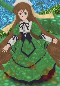 Rating: Safe Score: 0 Tags: 1girl brown_hair dress flower frills green_dress green_eyes hat heterochromia image long_hair long_sleeves looking_at_viewer red_eyes ribbon smile solo suiseiseki very_long_hair User: admin