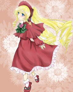 Rating: Safe Score: 0 Tags: 1girl blonde_hair blue_eyes blush bonnet bow bowtie capelet dress drill_hair full_body green_bow image long_hair long_sleeves red_capelet red_dress shinku shoes solo standing twin_drills twintails User: admin