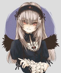 Rating: Safe Score: 0 Tags: 1girl angel_wings artist_request bangs black_dress black_ribbon black_wings closed_mouth dress eyebrows_visible_through_hair frilled_cuffs frills hairband image juliet_sleeves long_hair long_sleeves looking_at_viewer pink_eyes puffy_sleeves ribbon rozen_maiden simple_background smile solo suigintou traditional_media upper_body white_hair wings User: admin