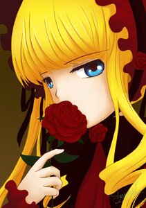 Rating: Safe Score: 0 Tags: 1girl bangs blonde_hair blue_eyes bow flower hat image long_hair looking_at_viewer pink_rose red_flower red_rose rose shinku signature simple_background solo User: admin