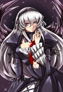 Rating: Safe Score: 0 Tags: 1girl black_wings breasts detached_collar dress flower frilled_sleeves frills hairband image long_hair long_sleeves looking_at_viewer pink_eyes rose silver_hair solo sparkle suigintou very_long_hair wings User: admin