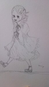 Rating: Safe Score: 0 Tags: 1girl :d dress drill_hair full_body greyscale image kanaria long_sleeves looking_at_viewer monochrome open_mouth puffy_sleeves ribbon shoes sleeves_past_wrists smile solo standing traditional_media wide_sleeves User: admin