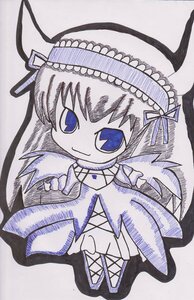 Rating: Safe Score: 0 Tags: 1girl blue_eyes chibi dress frills full_body hairband image lolita_hairband long_hair long_sleeves looking_at_viewer ribbon simple_background smile solo suigintou traditional_media wings User: admin