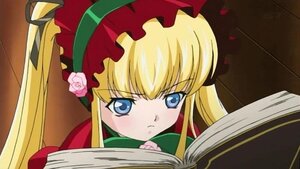 Rating: Safe Score: 3 Tags: 1girl blonde_hair blue_eyes bonnet book bow flower image long_hair looking_at_viewer open_book reading red_dress rose shinku solo twintails User: admin