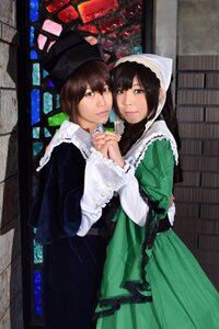 Rating: Safe Score: 0 Tags: 2girls black_hair brown_hair dress green_dress hat holding_hands interlocked_fingers lips looking_at_viewer multiple_cosplay multiple_girls realistic smile standing tagme User: admin