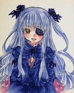 Rating: Safe Score: 0 Tags: 1girl barasuishou bow dress eyepatch frills hair_ornament image long_hair long_sleeves looking_at_viewer silver_hair simple_background solo traditional_media two_side_up upper_body yellow_eyes User: admin