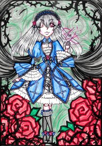 Rating: Safe Score: 0 Tags: 1girl bow dress flower frills gothic_lolita hairband image kneehighs lolita_fashion lolita_hairband long_hair one_eye_closed rose smile solo suigintou traditional_media very_long_hair watercolor_(medium) wings User: admin