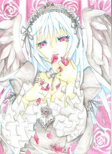 Rating: Safe Score: 0 Tags: 1girl angel angel_wings colored_pencil_(medium) dress feathered_wings feathers flower food frills holding_food image lolita_fashion long_hair long_sleeves marker_(medium) red_eyes ribbon rose shikishi solo suigintou traditional_media watercolor_(medium) white_hair white_wings wings User: admin
