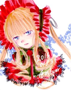 Rating: Safe Score: 0 Tags: 1girl bangs blonde_hair blue_eyes flower image long_hair looking_at_viewer rose shinku solo traditional_media upper_body User: admin