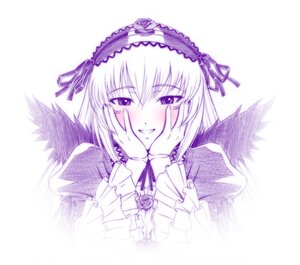 Rating: Safe Score: 0 Tags: 1girl blush bonnet dress flower frills gothic hairband hands hands_on_own_cheeks hands_on_own_face ichikawa_masahiro image long_hair long_sleeves looking_at_viewer monochrome purple_theme ribbon rozen_maiden smile solo suigintou wings User: admin