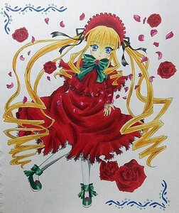 Rating: Safe Score: 0 Tags: 1girl blonde_hair blue_eyes bonnet bow bowtie dress drill_hair flower green_bow image long_hair looking_at_viewer marker_(medium) pantyhose petals pink_flower pink_rose red_capelet red_dress red_flower red_rose rose rose_petals shinku shoes solo thorns traditional_media twin_drills twintails User: admin