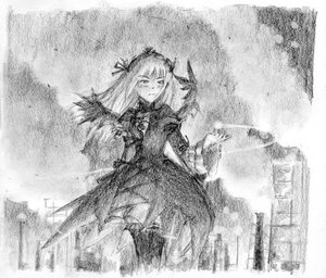 Rating: Safe Score: 0 Tags: 1girl dress frills greyscale image long_hair long_sleeves looking_at_viewer monochrome solo standing suigintou wings User: admin