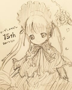 Rating: Safe Score: 0 Tags: 1girl blush bonnet dress flower frills image long_hair long_sleeves looking_at_viewer monochrome rose shinku simple_background sketch smile solo torn_clothes twintails very_long_hair User: admin