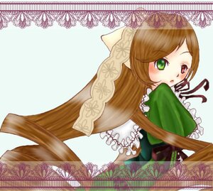 Rating: Safe Score: 0 Tags: 1girl brown_hair dress frills green_dress green_eyes image long_hair long_sleeves looking_at_viewer simple_background solo suiseiseki very_long_hair User: admin