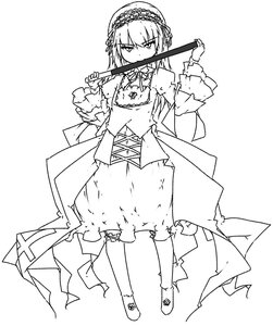 Rating: Safe Score: 0 Tags: 1girl closed_mouth dress eyebrows_visible_through_hair frills full_body greyscale hairband holding image long_hair long_sleeves looking_at_viewer monochrome solo standing suigintou white_background User: admin