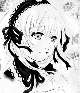 Rating: Safe Score: 0 Tags: 1girl bangs blush eyebrows_visible_through_hair flower greyscale hair_ribbon hairband image long_hair monochrome portrait ribbon smile solo suigintou User: admin