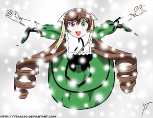 Rating: Safe Score: 0 Tags: 1girl :d brown_hair dated dress drill_hair green_dress green_eyes heterochromia image long_hair long_sleeves open_mouth outstretched_arms red_eyes smile snow snowing solo souseiseki suiseiseki twin_drills twintails very_long_hair User: admin
