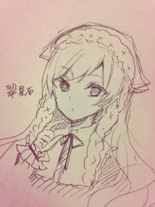 Rating: Safe Score: 0 Tags: 1girl braid dress eyebrows_visible_through_hair hand_up image index_finger_raised long_hair looking_at_viewer monochrome neck_ribbon ribbon sketch solo star_(symbol) suiseiseki traditional_media upper_body wrist_cuffs User: admin