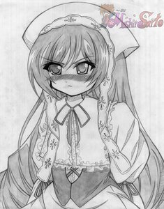 Rating: Safe Score: 0 Tags: 1girl blush dress frills greyscale image long_hair long_sleeves looking_at_viewer monochrome ribbon solo suiseiseki upper_body very_long_hair User: admin