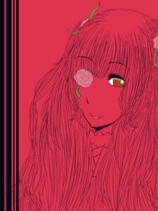 Rating: Safe Score: 0 Tags: 1girl bangs flower hair_flower hair_ornament image kirakishou long_hair looking_at_viewer monochrome red_background red_theme rose simple_background smile solo upper_body User: admin