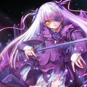 Rating: Safe Score: 0 Tags: 1girl barasuishou dress eyepatch flower frills hair_ribbon holding image long_hair long_sleeves looking_at_viewer purple_dress purple_flower purple_rose ribbon rose silver_hair solo two_side_up very_long_hair yellow_eyes User: admin