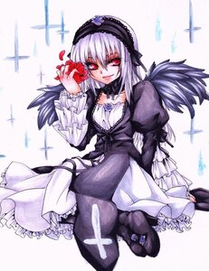 Rating: Safe Score: 0 Tags: 1girl dress feathers flower frilled_sleeves frills hairband image juliet_sleeves long_hair long_sleeves looking_at_viewer puffy_sleeves red_eyes rose silver_hair sitting smile solo suigintou wings User: admin