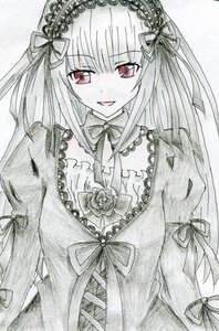 Rating: Safe Score: 0 Tags: 1girl dress flower frills hairband image long_hair long_sleeves looking_at_viewer monochrome puffy_sleeves ribbon rose smile solo suigintou traditional_media upper_body User: admin