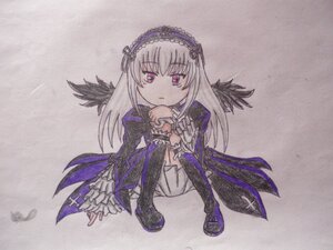 Rating: Safe Score: 0 Tags: 1girl black_wings boots dress feathered_wings feathers flower frills hairband image long_hair long_sleeves pink_eyes ribbon rose silver_hair solo suigintou traditional_media wings User: admin