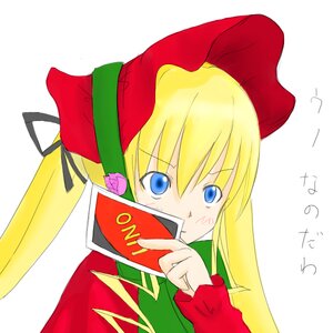 Rating: Safe Score: 0 Tags: 1girl blonde_hair blue_eyes bow card dress flower hair_ribbon image long_hair long_sleeves ribbon shinku simple_background solo upper_body User: admin