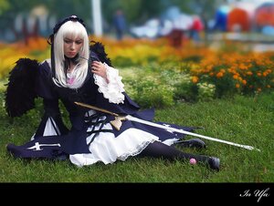 Rating: Safe Score: 0 Tags: 1girl blurry blurry_background blurry_foreground depth_of_field dress flower frills grass instrument lips long_sleeves photo signature sitting solo suigintou sword weapon white_hair User: admin