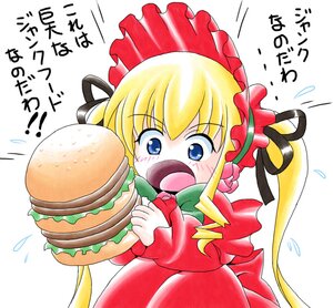 Rating: Safe Score: 0 Tags: 1girl blonde_hair blue_eyes blush bonnet bow dress drill_hair flying_sweatdrops food image long_hair long_sleeves open_mouth shinku simple_background solo twintails white_background User: admin