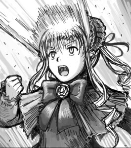 Rating: Safe Score: 0 Tags: 1girl bonnet clenched_hands dress flower greyscale image long_hair long_sleeves monochrome open_mouth rose shinku shouting solo upper_body User: admin