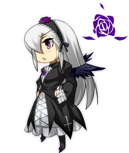 Rating: Safe Score: 0 Tags: 1girl black_wings chibi dress flower gothic_lolita hairband image lolita_fashion long_hair purple_eyes silver_hair solo striped suigintou wings User: admin