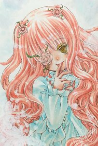 Rating: Safe Score: 0 Tags: 1girl eyepatch finger_to_mouth flower frills hair_flower image kirakishou long_hair long_sleeves marker_(medium) pink_flower pink_hair pink_rose rose solo traditional_media watercolor_(medium) User: admin