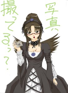 Rating: Safe Score: 0 Tags: 1girl artist_request black_dress blood brown_hair camera choker costume_switch dress glasses holding image kusabue_mitsu long_sleeves nosebleed ponytail rozen_maiden sidelocks solo suigintou wings User: admin