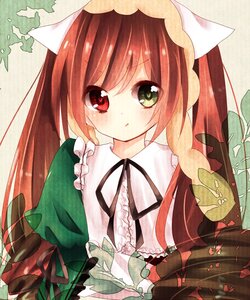 Rating: Safe Score: 0 Tags: 1girl brown_hair dress green_eyes hat head_scarf heterochromia image long_hair long_sleeves looking_at_viewer red_eyes ribbon solo suiseiseki twintails upper_body User: admin