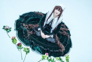 Rating: Safe Score: 0 Tags: 1girl black_dress blue_eyes brown_hair dress flower green_dress long_hair looking_at_viewer own_hands_together plant sitting smile solo suiseiseki User: admin