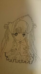 Rating: Safe Score: 0 Tags: 1girl auto_tagged bangs bow bowtie closed_mouth dress eyebrows_visible_through_hair image long_hair looking_at_viewer monochrome photo shinku simple_background solo traditional_media User: admin