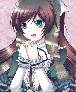 Rating: Safe Score: 0 Tags: 1girl brown_hair dress frills green_dress hair_ornament hands_clasped heterochromia image interlocked_fingers joints lolita_fashion long_hair open_mouth own_hands_together smile solo suiseiseki very_long_hair User: admin