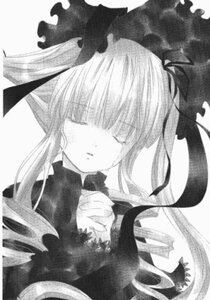 Rating: Safe Score: 0 Tags: 1girl bangs closed_eyes dress greyscale hair_ribbon image long_hair long_sleeves monochrome ribbon shinku solo traditional_media twintails upper_body User: admin