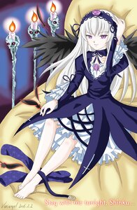 Rating: Safe Score: 3 Tags: 1girl barefoot black_wings dress flower frills hairband image lolita_hairband long_hair long_sleeves pink_eyes purple_eyes ribbon rose silver_hair solo suigintou wings User: admin