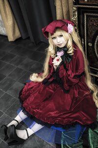 Rating: Safe Score: 0 Tags: 1girl blonde_hair blue_eyes bonnet bow dress flower hat lolita_fashion long_hair looking_at_viewer pantyhose red_dress rose shinku shoes sitting solo very_long_hair User: admin