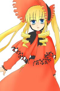 Rating: Safe Score: 0 Tags: 1girl :o blonde_hair blue_eyes blush bonnet bow dress drill_hair image long_hair long_sleeves looking_at_viewer open_mouth red_dress shinku simple_background solo twin_drills twintails white_background User: admin