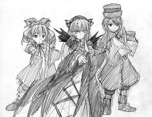 Rating: Safe Score: 0 Tags: 3girls boots dress greyscale hat image long_hair long_sleeves monochrome multiple multiple_girls short_hair sketch smile tagme User: admin