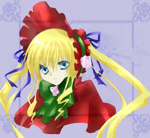 Rating: Safe Score: 0 Tags: 1girl blonde_hair blue_eyes bonnet bow bowtie dress green_bow green_neckwear image long_hair long_sleeves looking_at_viewer red_dress ribbon shinku simple_background solo twintails upper_body User: admin