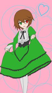 Rating: Safe Score: 0 Tags: 1girl blush brown_hair costume_switch dress frills green_dress green_eyes heart heterochromia image long_sleeves looking_at_viewer open_mouth pantyhose pink_background red_eyes short_hair solo suiseiseki white_legwear User: admin