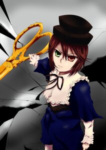 Rating: Safe Score: 0 Tags: 1girl brown_hair dress expressionless frills green_eyes hat heterochromia image long_sleeves looking_at_viewer red_eyes ribbon short_hair solo souseiseki top_hat weapon User: admin