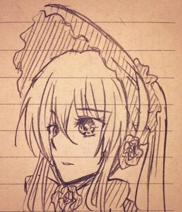 Rating: Safe Score: 0 Tags: 1girl bow eyebrows_visible_through_hair flower hair_between_eyes hair_ornament image looking_at_viewer monochrome shinku sketch smile solo umbrella User: admin